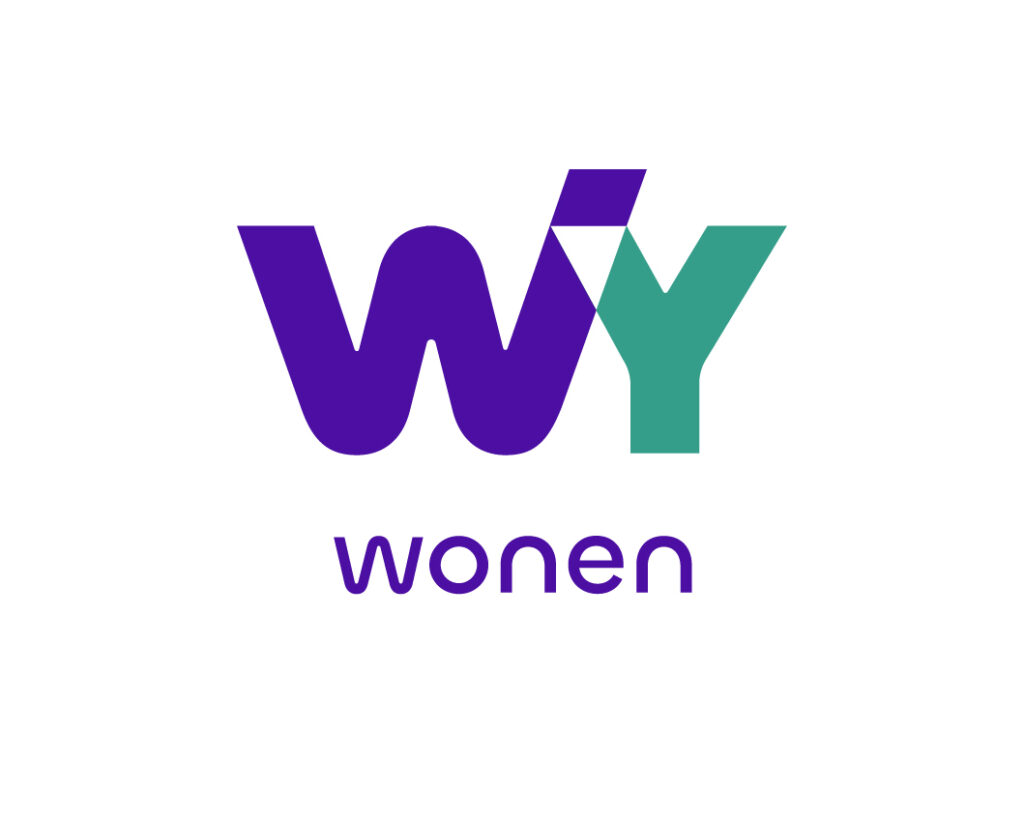 Logo van Wywonen met een paarse "W", een gestileerde paarse en groene "Y" en het woord "wonen" in paarse letters eronder.